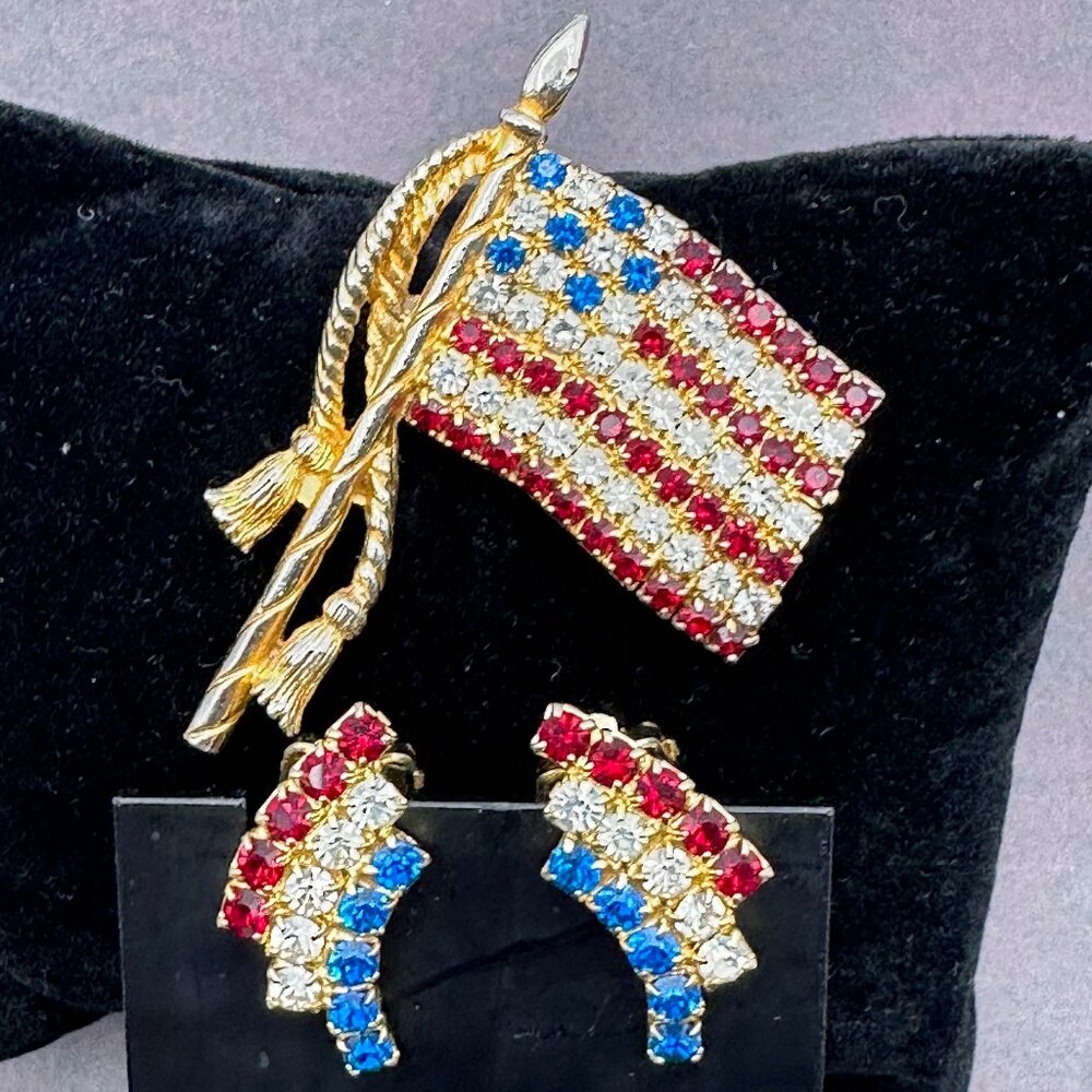 Vintage Rafaelian USA Flag Pin and earrings. Red White & Blue crystals.